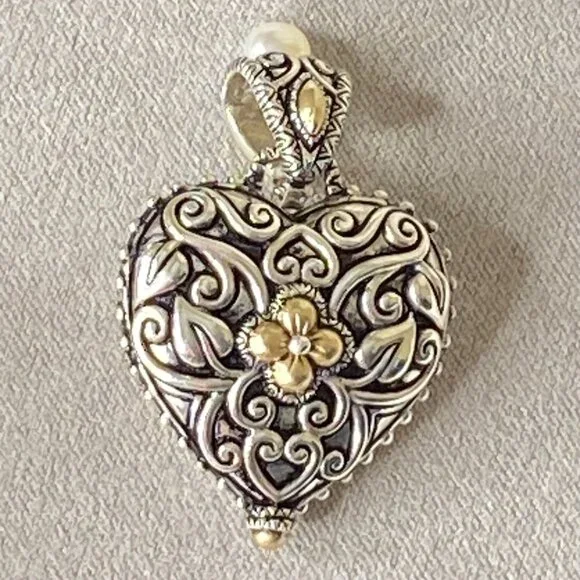 Barbara Bixby 925 Sterling Silver & 18K Gold Heart Locket Enhancer Pendant Pearl - Picture 10 of 11